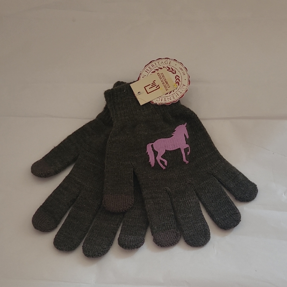 Heritage Kids' Dark Gray Mittens with Pink Horse